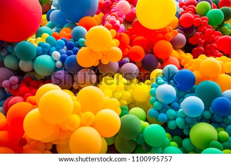 Image, Stock Photo colourful balloons in rainbow colours in front of a bright blue sky | lifted