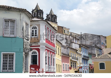 Historic city center of Pelourinho Salvador da Bahia Brazil features colonial buildings and cobblestone streets