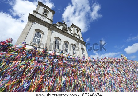 Wall of wish ribbons blowing in the wind at the famous Igreja Nosso Senhor do Bonfim da Bahia church in Salvador Bahia Brazil