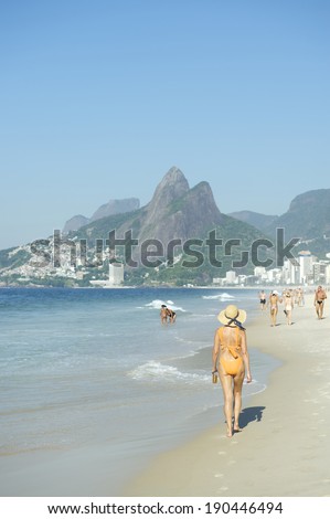 Scenic Rio de Janeiro Brazil Ipanema Beach morning skyline with Two Brothers Dois Irmaos Mountain