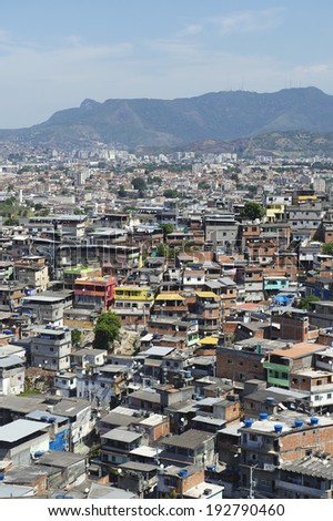 Crowded Brazilian favela shanty town spans the valley in Rio de Janeiro Brazil Complexo Alemao