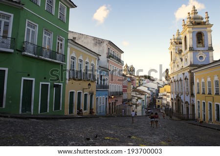 Historic city center of Pelourinho Salvador da Bahia Brazil features colonial buildings and cobblestone streets