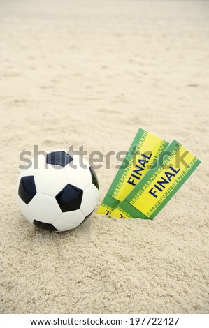 Two tickets to final football event in sand on Brazilian beach with soccer ball