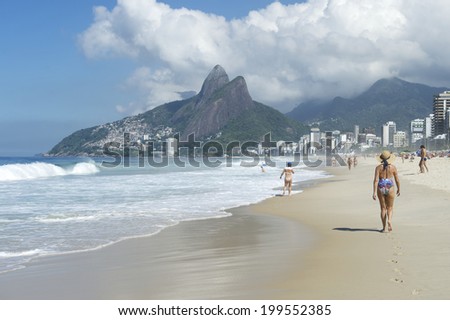 Scenic Rio de Janeiro Brazil Ipanema Beach morning skyline with Two Brothers Mountain