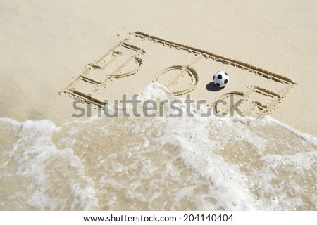 Simple line drawing of football pitch tactics board with soccer ball in sand on Brazilian beach with incoming wave