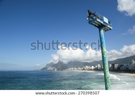 Scenic panoramic view of Ipanema Beach and Two Brothers Mountain from Arpoador with Rio de Janeiro skyline Brazil