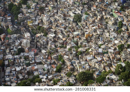 Crowded Brazilian Rocinha favela shanty town spans the valley in Rio de Janeiro Brazil