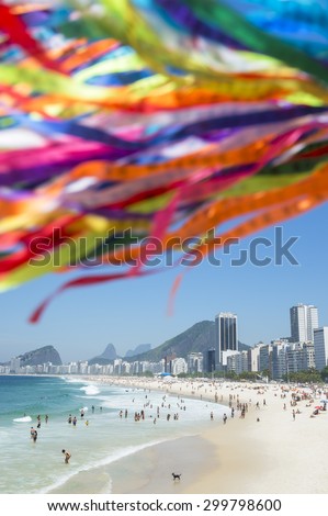 Brazilian wish ribbons at Copacabana Beach on a bright day in Rio de Janeiro Brazil