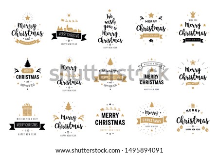 Merry Christmas. Happy New Year, typography lettering badge emblems quotes set collection. Vector logo design for postcard, invitation, greeting card,  poster, gift.