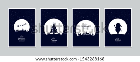 Merry Christmas card set santa sleight night tree greeting text lettering blue snowy night background vector.