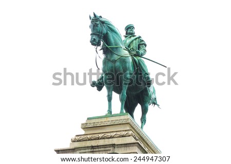 Bronze statue of Garibaldi on horse in Milan under rain isolated on white background