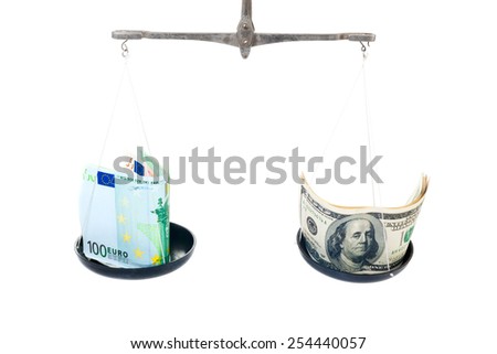 Money on balanced weight isolated on white background