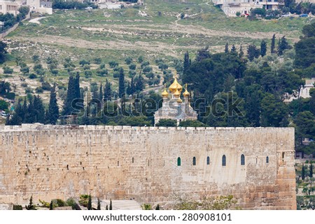 The Temple Mount and the Church of Maria Magdalena on Mount of Olives in Jerusalem