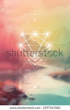 Sacred geometry spiritual new age futuristic illustration with transmutation interlocking circles, triangles and glowing particles. Formula of nature.