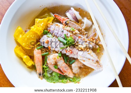 Fresh mantis shrimp and seafood with Tom Yum noodle, Bangkok Thailand