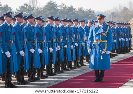 SERBIA, BELGRADE - FEBRUARY 11, 2011:  Serbian army soldiers on the red carpet during rehearsal of National day of Serbia