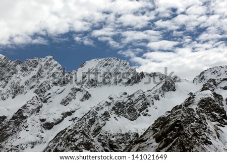 Rugged mountain range covered in snow, Mount Cook National Park, New Zealand