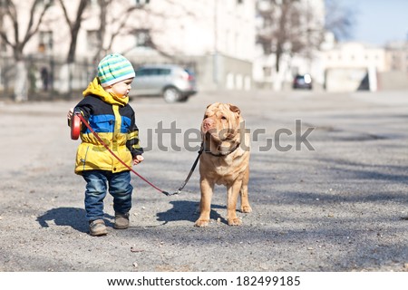Kid plays with dog