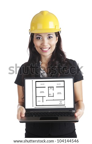 An engineer woman presenting house design on laptop computer