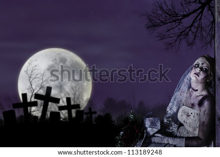 Halloween theme: Horror scene of corpse bride with copy space