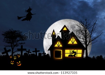 Scary halloween night with witch flying over a witch house and pumpkins on the graveyard