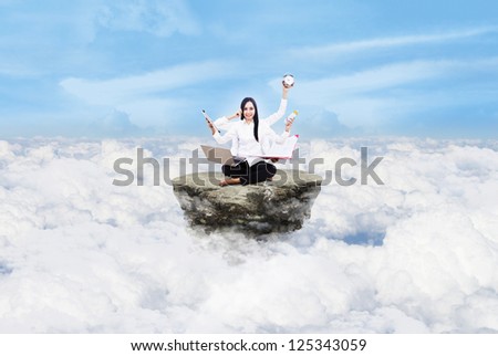 Beautiful young woman multitasking over clouds under blue sky