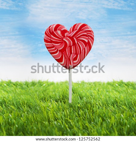 Big heart lollipop is sticking in the green grass under blue sky