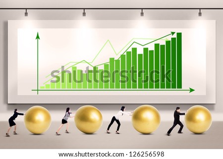 Business people push golden eggs on profit growth bar chart background