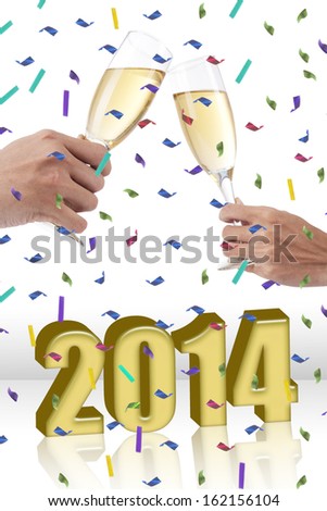 Hands of two people toasting wine glasses celebrating new year