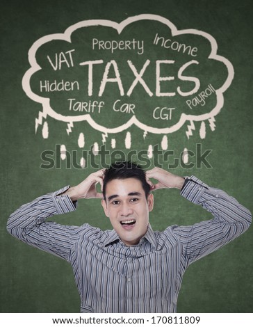 Concept of taxes with a stressed businessman for paying his taxes
