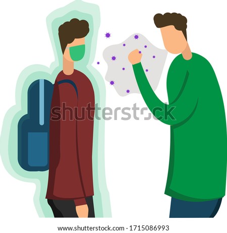 Coronavirus  concept: sick man coughing impolitely to his male friend wearing face mask  Foto stock © 