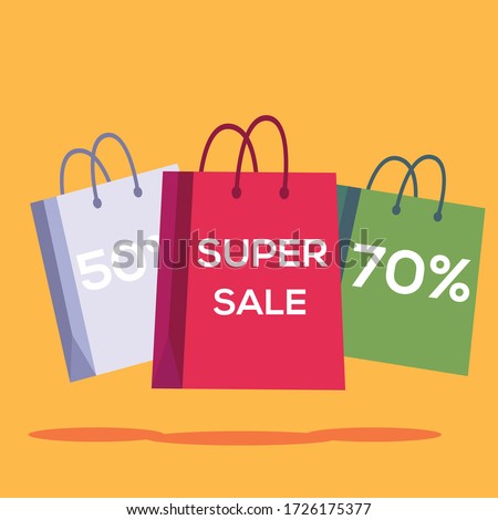 Super sale vector concept: shopping bags written 
