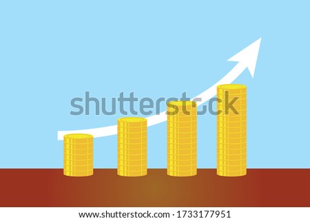 Savings vector concept: increasing stack of coins below the white arrow