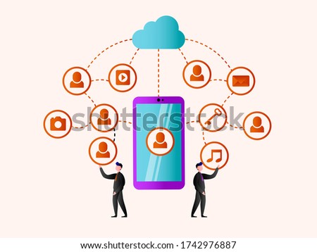 Business technology vector concept: Businessmen using smart phone and cloud computing to share things