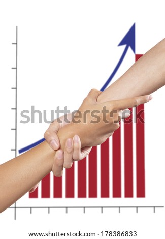 Helping hand and profit graph showing improvement in business performance