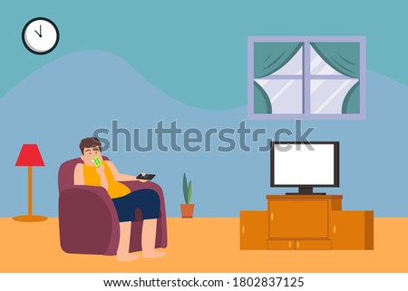 Obesity vector concept: fat man eating popsicle while watching television