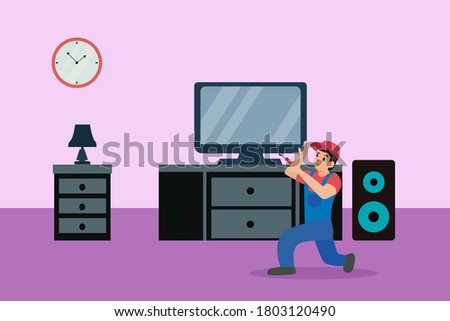 Television repair vector concept: technician repairing the television screen with a screwdriver in the living room