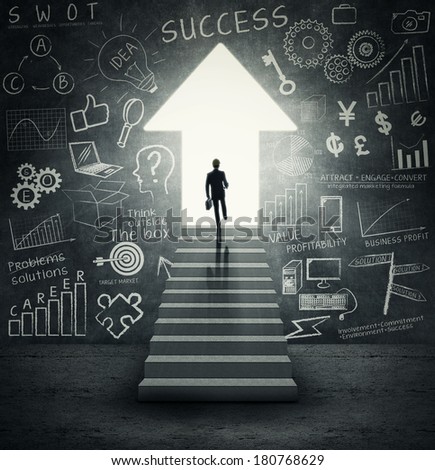 Way to success: Businessman walking on stairways to an upward  arrow door with  the success doodle on the wall