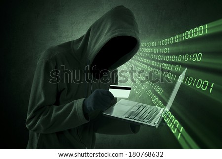 Internet theft concept - Man holding credit card with laptop on his hand