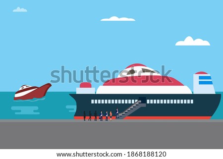 Industrial port vector concept: Cruise ship with passengers queuing on the stairs to enter