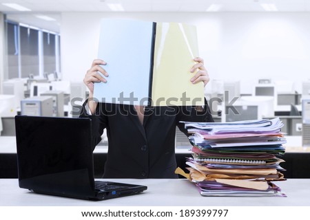 Portrait of businesswoman reads documents at office