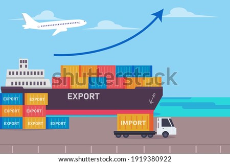 Export import shipment vector concept: Containers loading on the ship in the port