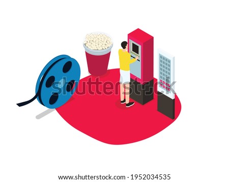 Man buying movie ticket online on ticket machine with popcorn Isometric vector concept