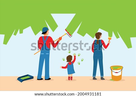 Family house renovation concept: Happy Father, Mother, son and daughter painting walls together vector illustration