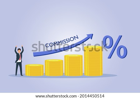Commission vector concept. Businessman with growing commission graph and pile of coins