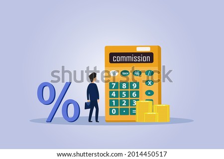Commission vector concept. Businessman looking at commission text on the calculator with percentage symbol and coins