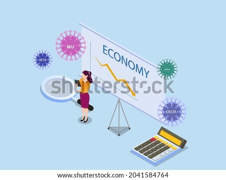 Businesswoman analyzing coronavirus variant mutation economic impact with declining arrow. isometric vector concept