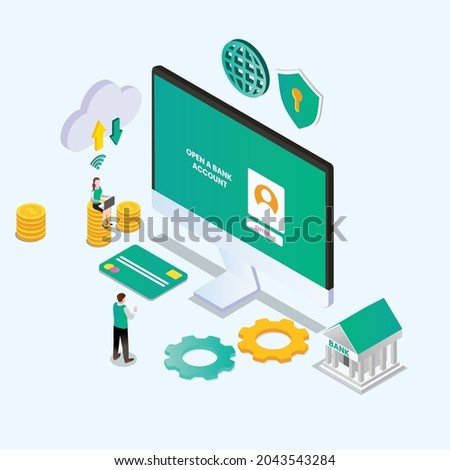 Bank account opening online 3d isometric vector illustration concept for banner, website, landing page, ads, flyer