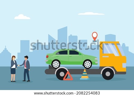 Woman uses car carrier trailer vector illustration flat design