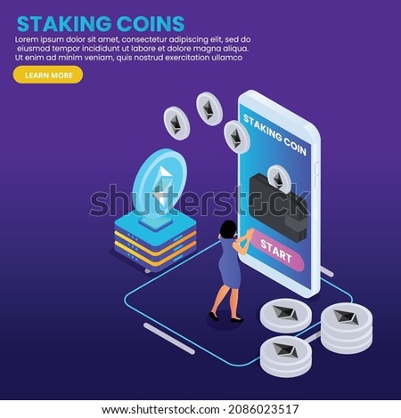 Staking ethereum on mobile wallet for passive income isometric 3d vector concept for banner, website, illustration, landing page, flyer, etc. Foto d'archivio © 